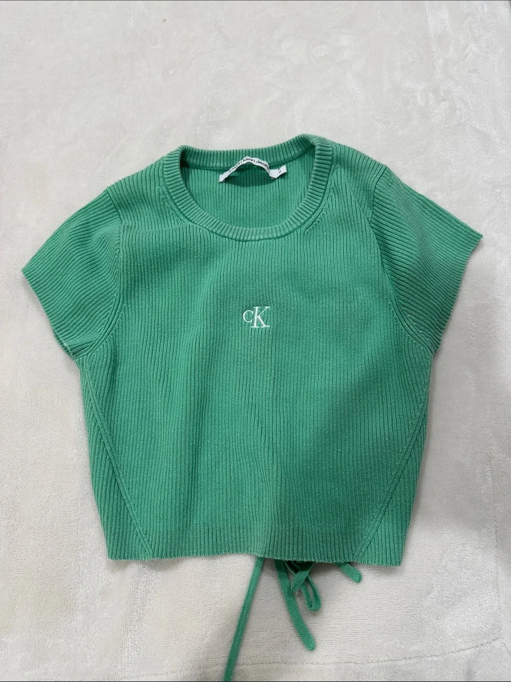 Calvin Klein Green Ribbed Short Sleeve Knit Top with CK Logo